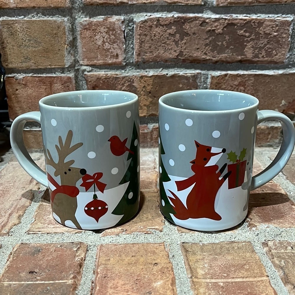 Crate&Barrel Gray Woodland Critters Fox Deer Bunny Cardinal Set of 2 Mugs